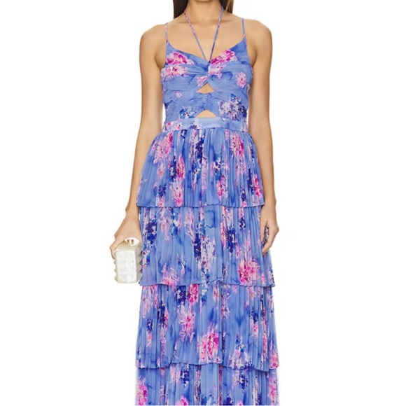Astr Daytona Pleated Floral Tiered Maxi Dress in Blue & Pink Small $180- - Picture 2 of 15